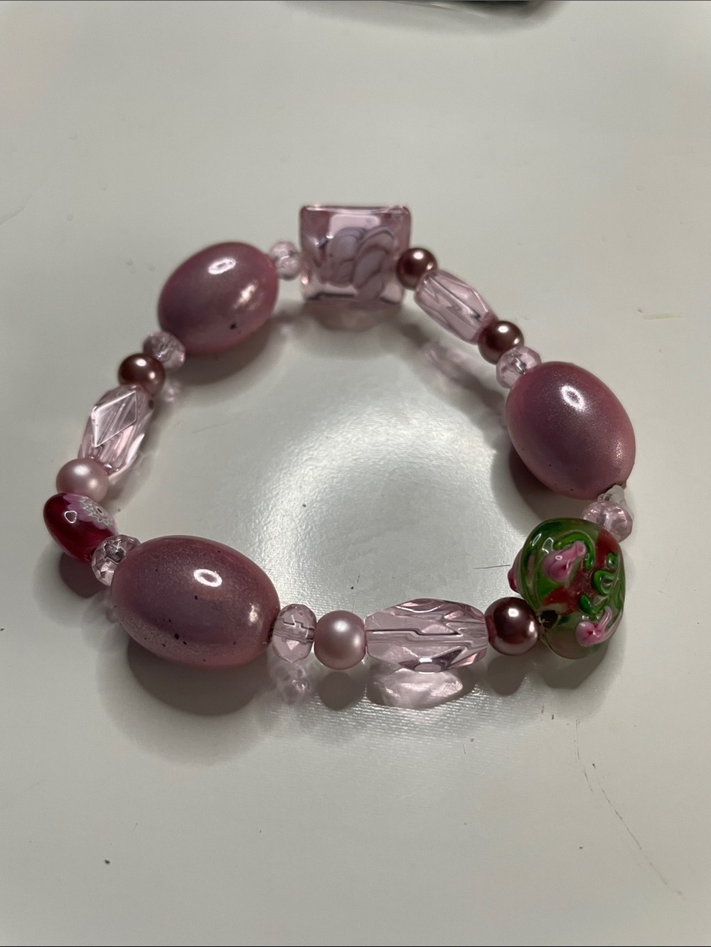 Pink Beaded Stretch Bracelet with Floral Accent